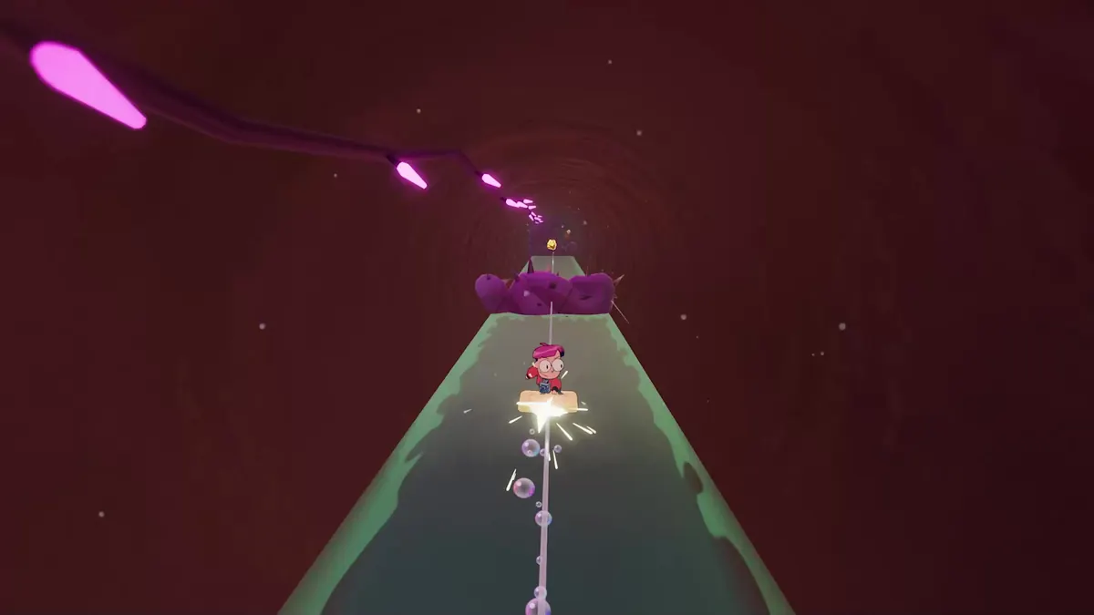 Milo grinding through a tunnel on a bar of soap in Tinykin
