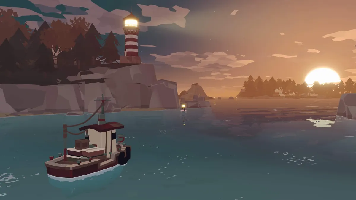 A fishing boat returning toward a lighthouse at sunset in DREDGE