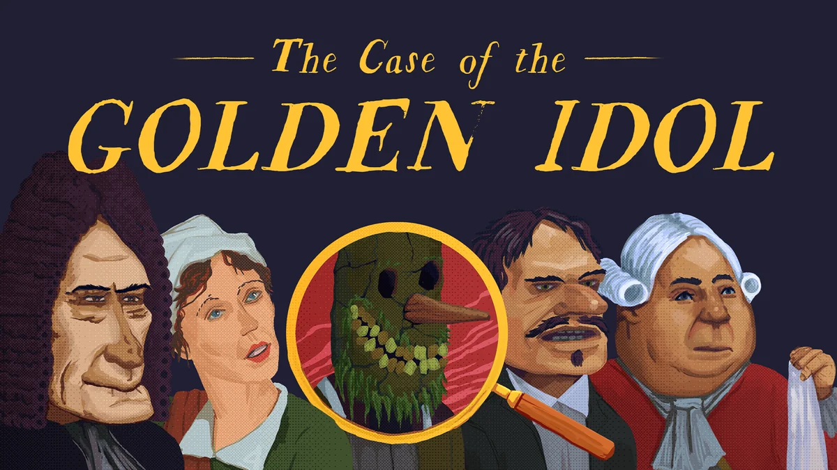 The Case of the Golden Idol key art showing four characters and a golden figurine inside a magnifying glass