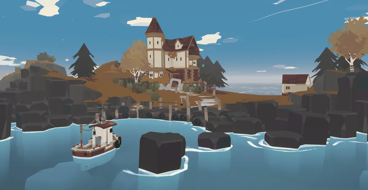 A fishing trawler approaching a rocky island settlement in DREDGE