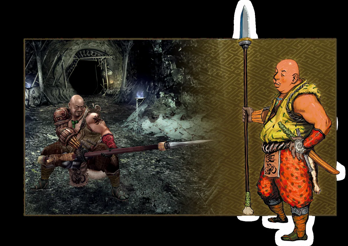 A spear-wielding ally shown in gameplay and character art from Onimusha 2: Samurai's Destiny