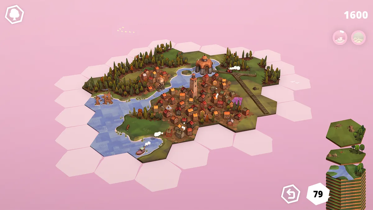 A village, railway, forest, and lake assembled from hexagonal tiles in Dorfromantik