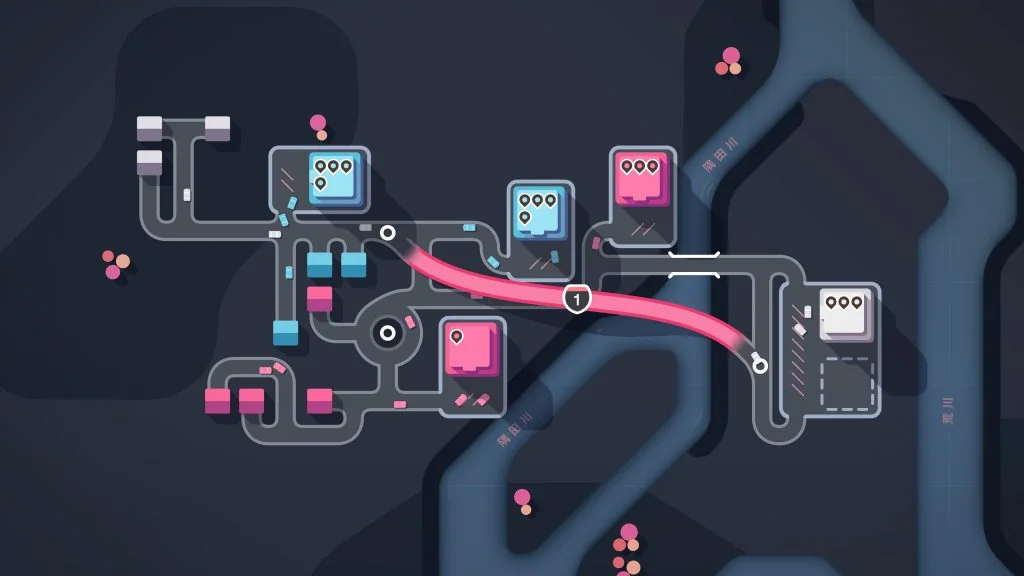 A colorful city road network crossing rivers in Mini Motorways