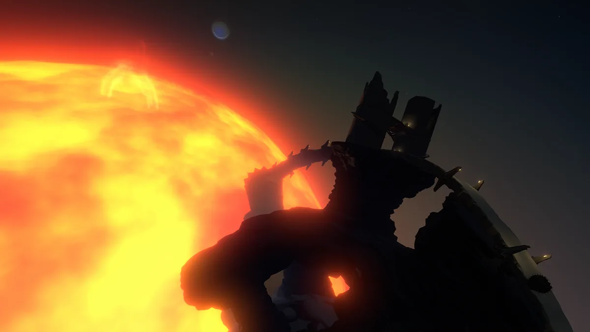 A rocky structure silhouetted against the sun beside Ash Twin in Outer Wilds