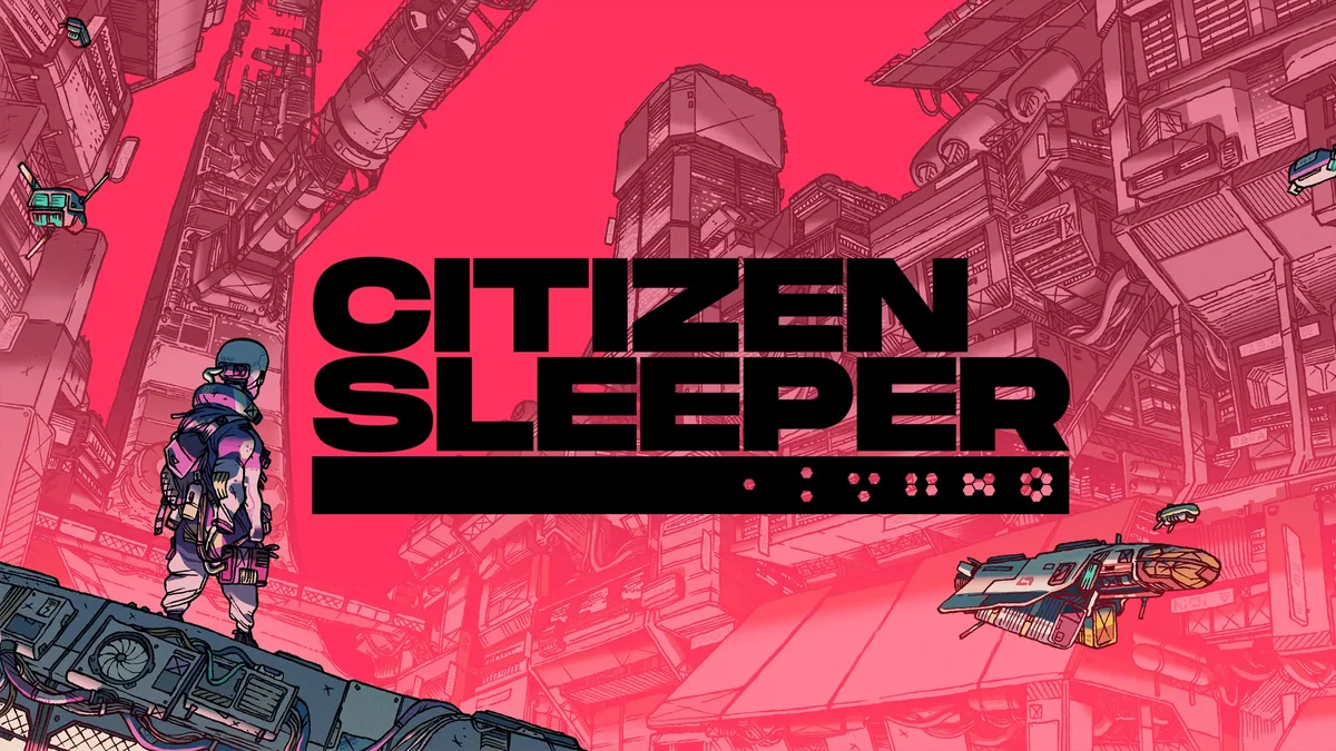 The Citizen Sleeper logo over the industrial space station Erlin's Eye