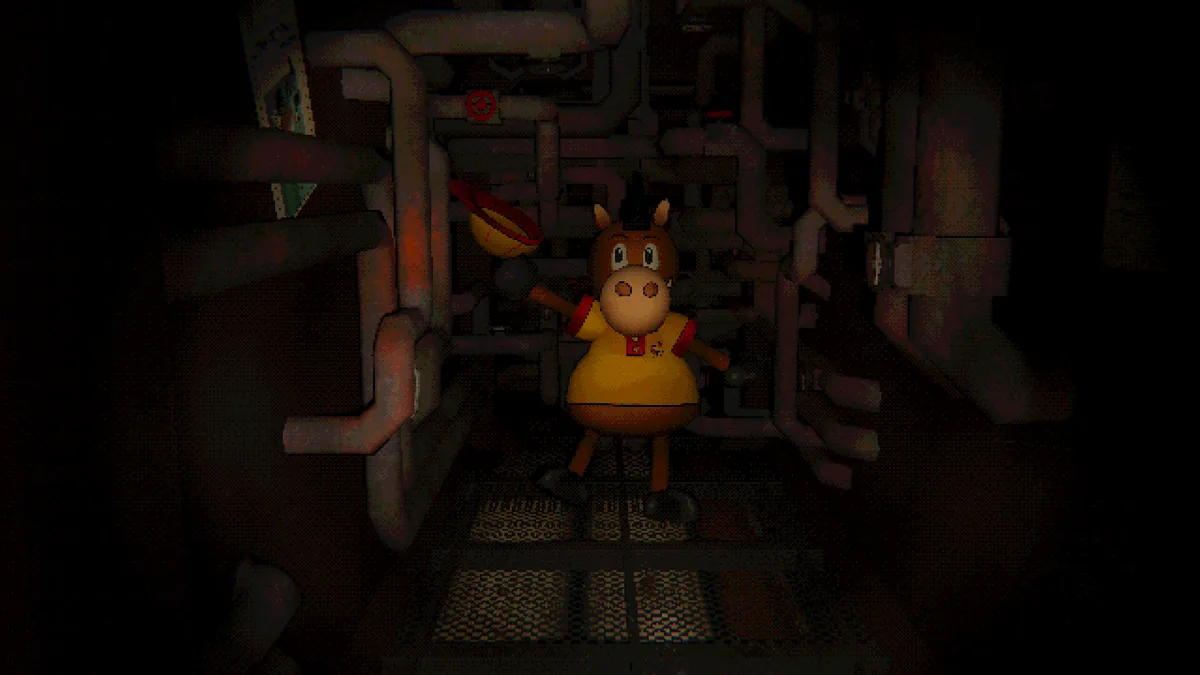 Polle mascot standing in a dark maintenance corridor aboard the Tulpar in Mouthwashing