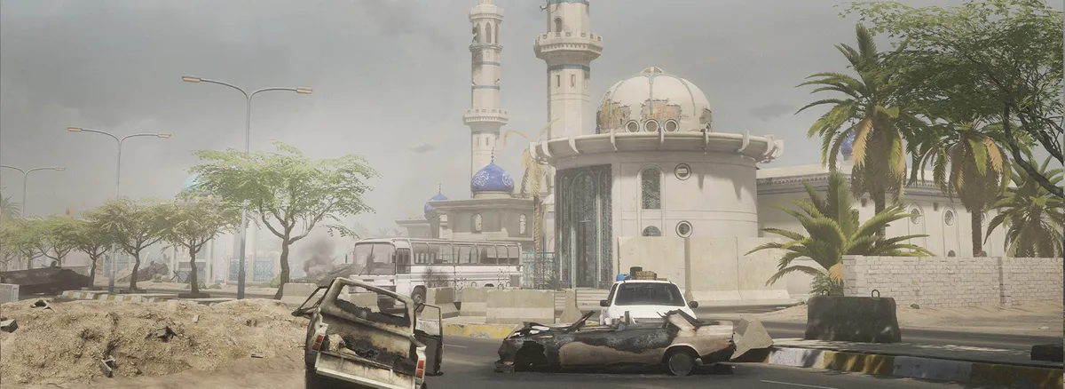 A war-damaged street and mosque on Squad's Fallujah map