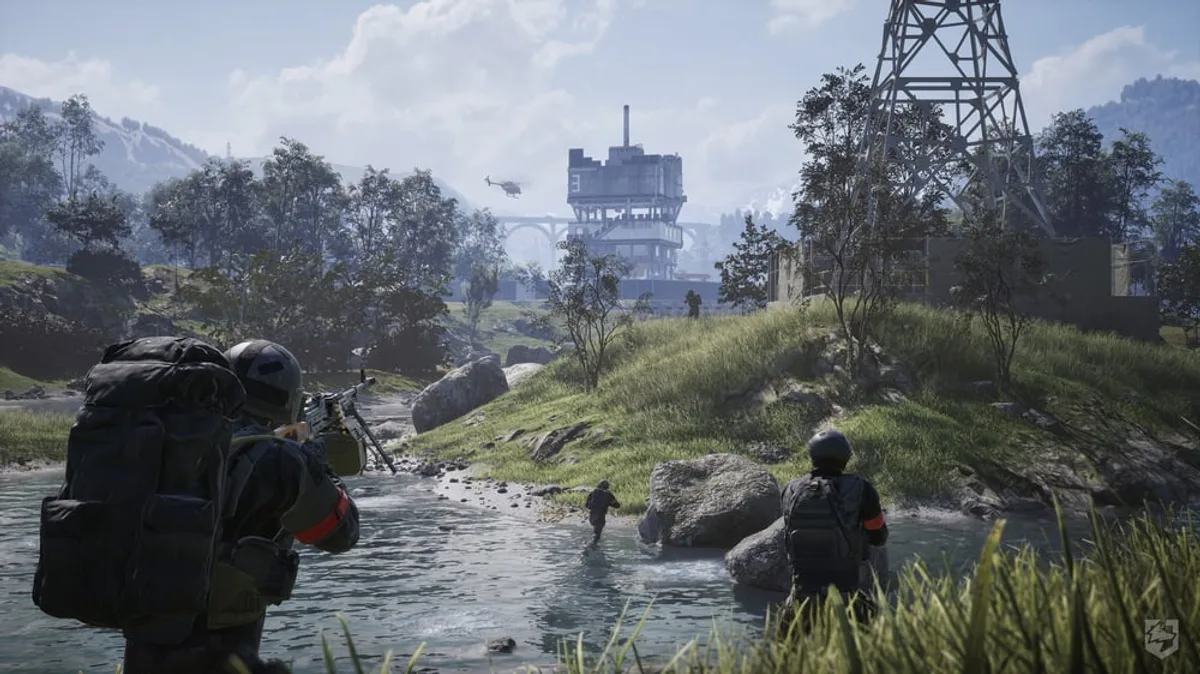 WARDOGS infantry crossing a shallow river toward an industrial position while a helicopter passes overhead